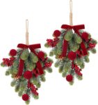 Super Holiday Christmas Decorations 2PCS Artificial Green Plant Wreaths with Velvet Bow Ball Berry for Winter Home Indoor Outdoor Wall Decor Burgundy