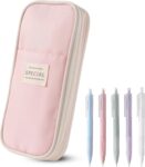 Large Capacity Pencil Case, Pencil Pouch with 5 Black Gel Pens (0.5mm), Big Zipper Pen Bag for Students, Aesthetic School Supplies, Cute Stationery Set for Girls and Women (Pink)