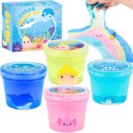 4 Pack Glimmer Crunchy Crystal Slime for Kids, Super Soft Stress Relief Toy, Ocean Clear Slime Kit with Pink, Yellow, Blue, Birthday Gift Party Favor for Girls and Boys
