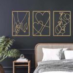 3 Pieces Metal Minimalist Line Wall Art, Valentine’s Day Lover Kiss Hand Metal Wall Decor, Aesthetic Modern Home Hanging Wall Art Decor for Bedroom Bathroom Living Room (Gold)