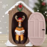 Hiboom Christmas Reindeer Figurine in Outhouse with Santa Hat & Hunter Magazine Funny Indoor Decor for Home & Office Unique Holiday Ornament