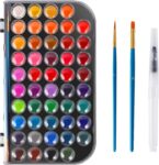 48 Color Solid Watercolor Paint Set with 3 Wooden Brushes – Non-Toxic, Vibrant & Washable Watercolor Kit for Artists, Children, Beginners, Kids – Portable Watercolor Painting Set for Travel & Studio