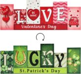 Valentine’s Day & St. Patrick’s Day Wooden Table Sign – LUCKY LOVE Reversible Tabletop Decor – Rustic Double-Sided Different Theme Irish Farmhouse Table Centerpiece