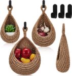 Honeydak Boho Decor Hanging Wall Baskets for Kitchen 3 Pack Teardrop Baskets with Hooks Storage Fruit Onion Vegetable Potato for Home 3 Sizes(Linen,Teardrop,Jute)
