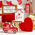 Valentine’s Day Tiered Tray Decor Set – 5 Pcs Heart Wooden Signs XOXO Bead Garland, Valentines Day Decorations for Home Kitchen Table Party Decorations