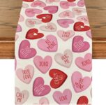 Artoid Mode Pink Ture Love Heart Valentine’s Day Table Runner, Seasonal Kitchen Dining Table Decoration for Home Party Decor 13×72 Inch