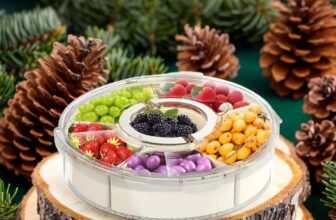 Divided Rotating Serving Tray with Lid and Handle Portable Snack Box for Fruits Snacks Veggie Charcuterie Clear Lazy Susan Organizer Fridge Storage Container for Adults Child 1PCS 9.5 L