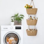 TeoKJ Over the Door Hanging Baskets with Wooden Button, 3-Tier Woven Cotton Storage Organizer Bag, Wall-Mounted with Hook Decorative Hanging Nursery Baskets, Jute