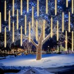 Aronica Dazzle Bright 864 LED Christmas Light Meteor Shower Rain Lights 11.8 Inch 24 Tubes Waterproof Plug in Falling Rain Lights Decorations for Xmas Tree Yard Party Warm White
