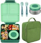 Bento Lunch Box Set for Kids with 8oz Soup Thermo Leak-Proof 4 Compartment Thermo Hot Food Jar Insulated Lunch Bag for School Green