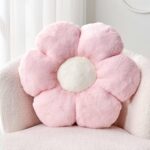Pink Flower Pillow, Cute Decorative Flower Shaped Throw Pillow with Faux Rabbit Fur, 14.9″ Soft Flower Plush Throw Pillow Floor Pillows Room Décor for Bedroom Living Room