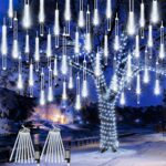 2-Pack Christmas Lights Outdoor 16Tubes 384LEDs Extendable Meteor Shower Lights Falling Rain Light Waterproof Plug in Tree Light for Christmas Backyard Garden Patio Xmas Decoration Cool White with Timer Function