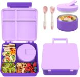 Pawtong Kids Bento Lunch Box with 8oz Soup Thermo Leakproof 4 Compartment Food Containers Insulated Hot Food Jar for School Travel Purple Food Grade Materials Easy to Clean Microwave Dishwasher Safe