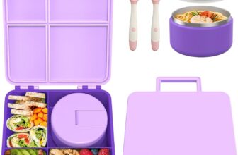 Pawtong Kids Bento Lunch Box with 8oz Soup Thermo Leakproof 4 Compartment Food Containers Insulated Hot Food Jar for School Travel Purple Food Grade Materials Easy to Clean Microwave Dishwasher Safe