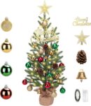 2FT Mini Christmas Tree with 30 LED Lights & 26 Ornaments 24-inch Tabletop Tree with Timer Memory Function PE Branch Tips Sturdy Cement Base Small Xmas Tree for Holiday Home Office Decor
