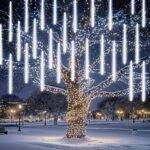 Dazzle Bright 864 LED Christmas Light Meteor Shower Rain Lights 11.8 Inch 24 Tubes Waterproof Plug in Falling Rain Lights for Xmas Bushes Tree Yard Party White