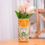 Cute Small Ceramic Flower Vase-Colorful Boho Unique Round Design with Lively Smiley Patterns-Dopamine Decor Multi Use as Makeup Brush Holder, Pencil Pen Cup-Perfect for Weddings, Mother’s Day