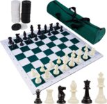 Juegoal 20″ Portable Chess & Checkers Set, 2 in 1 Travel Board Games for Kids and Adults, Folding Roll up Chess Game Sets, Extra 26 Checker Pieces, Tournament Thick Mousepad Mat with Storage Bag