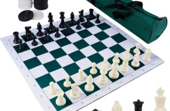 Juegoal 20″ Portable Chess & Checkers Set, 2 in 1 Travel Board Games for Kids and Adults, Folding Roll up Chess Game Sets, Extra 26 Checker Pieces, Tournament Thick Mousepad Mat with Storage Bag