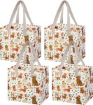 VENO 4 Pack Christmas Reusable Grocery Bags Heavy-Duty Shopping Bags with Handles for Shopping Cart with Hard Bottom to Stand Upright Foldable Holiday Pups Design