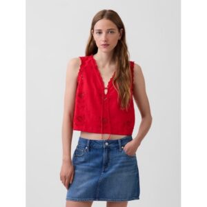Linen-Blend Embroidered Crop Shell Tank Top