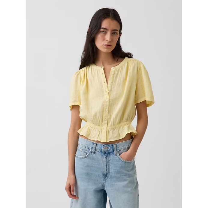 Cotton Gauze Button-Front Crop Peplum Top