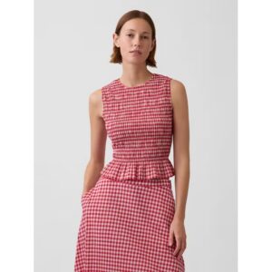 Smocked Gingham Crop Peplum Top