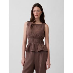 Cotton Gauze Smocked-Waist Peplum Top