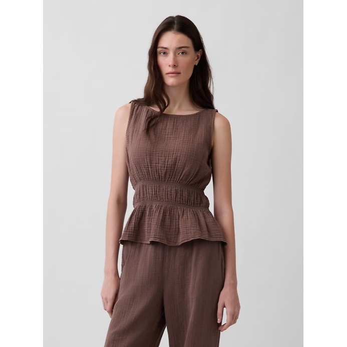 Cotton Gauze Smocked-Waist Peplum Top