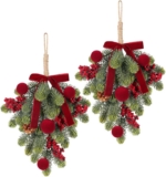 Super Holiday Christmas Decorations 2PCS Artificial Green Plant Wreaths with Velvet Bow Ball Berry for Winter Home Indoor Outdoor Wall Decor Burgundy