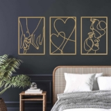 3 Pieces Metal Minimalist Line Wall Art, Valentine’s Day Lover Kiss Hand Metal Wall Decor, Aesthetic Modern Home Hanging Wall Art Decor for Bedroom Bathroom Living Room (Gold)