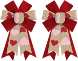 2 Pack Valentine’s Day Wreath Bows – Brown Red Pink Love Hearts Burlap Bows for Wreaths