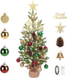 2FT Mini Christmas Tree with 30 LED Lights & 26 Ornaments 24-inch Tabletop Tree with Timer Memory Function PE Branch Tips Sturdy Cement Base Small Xmas Tree for Holiday Home Office Decor